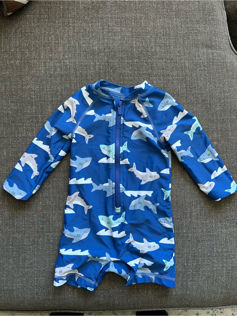 5/$25 Old Navy Blue Shark Zip-Front Long-Sleeve Swim Rashguard Size 12-18M